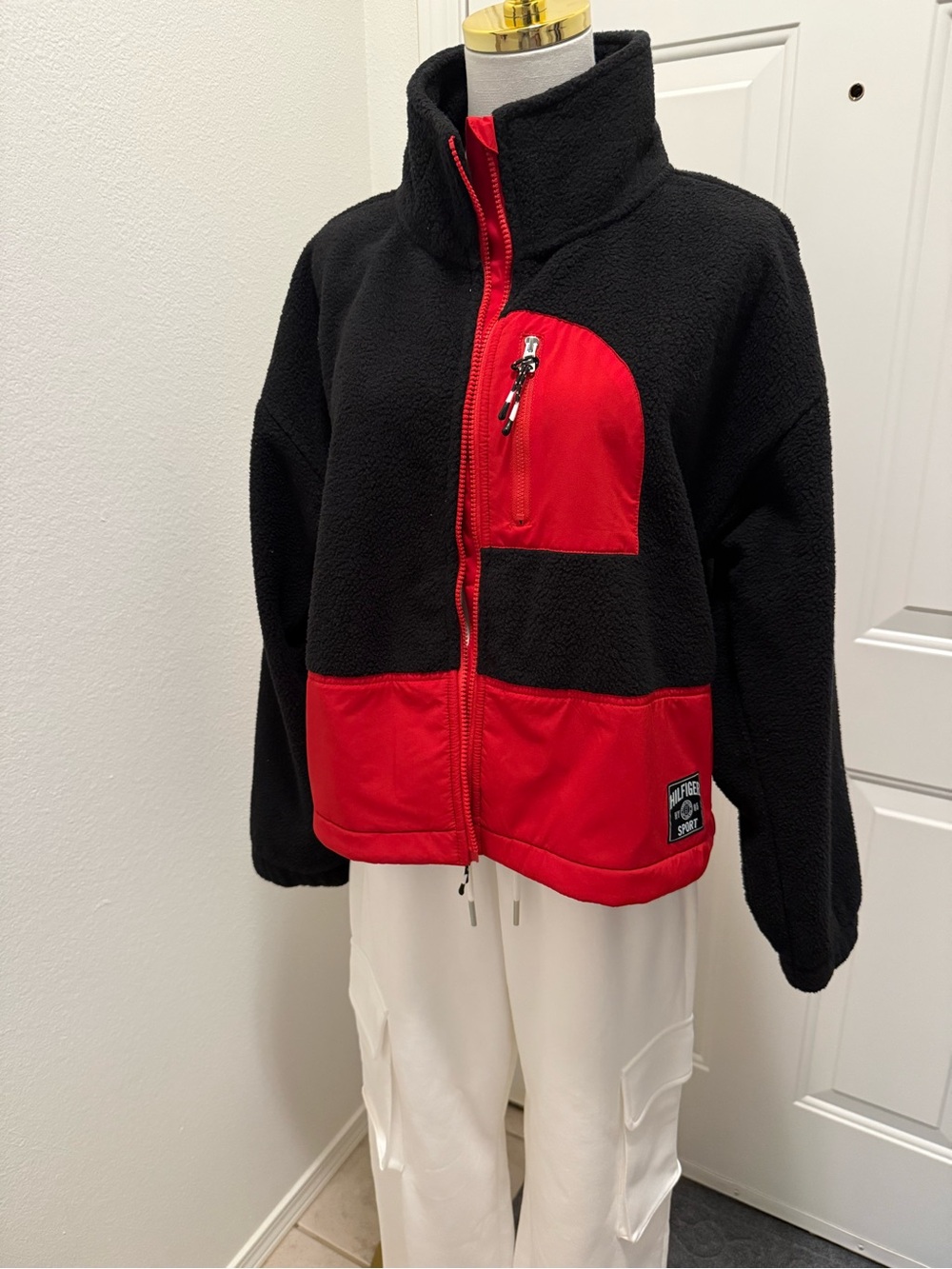 Tommy Hilfiger Black and Red Colorblock Puffer Jacket